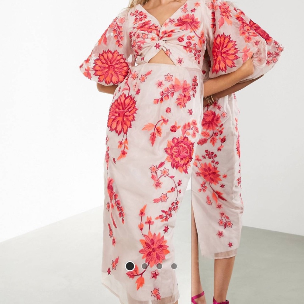 ASOS special edition embroidered organza midi dress with puff sleeves.